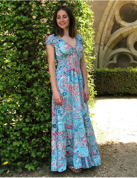 Robe longue polyester à volants taille élastique sari imprimé