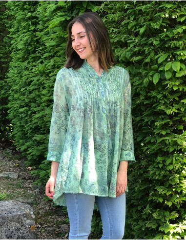 Cotton voile printed tunic with long sleeves