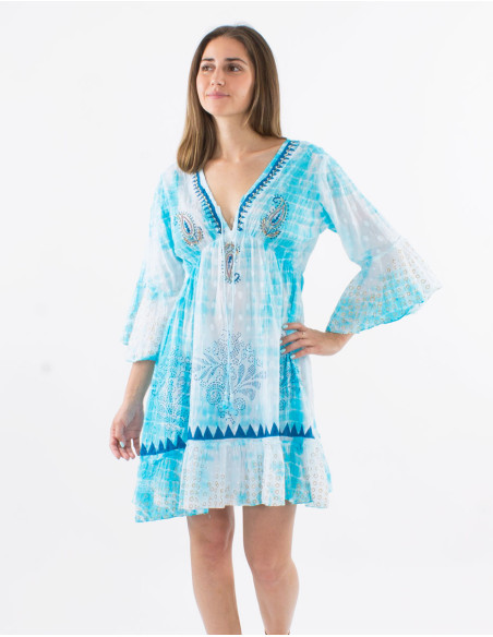 Cotton tie and dye long sleeves dress with beads and lining