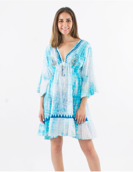 Robe coton tie and dye avec perles manches longues