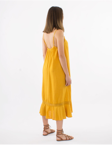 Robe 54% lin 46% viscose bretelles avec bande coton brodé