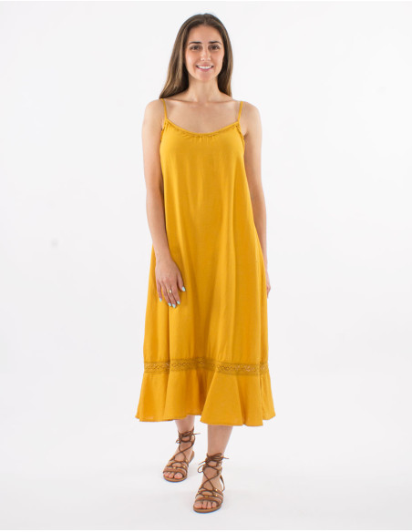 Robe 54% lin 46% viscose bretelles avec bande coton brodé
