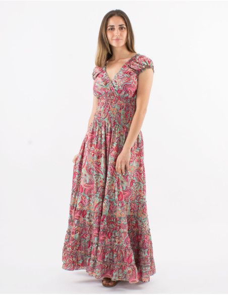 Long polyester dress with elastic size and "road dore" print