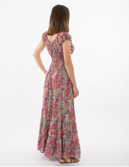 Long polyester dress with elastic size and "road dore" print