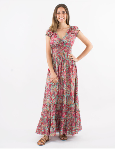 Long polyester dress with elastic size and "road dore" print