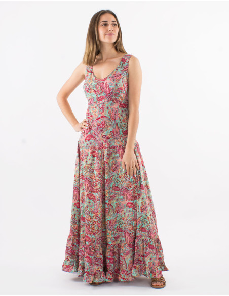 Long polyester sleeveless dress and "road dore" print