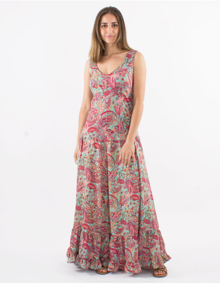 Long polyester sleeveless dress and "road dore" print