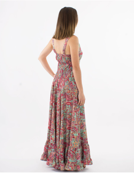 Long polyester sleeveless dress and "road dore" print