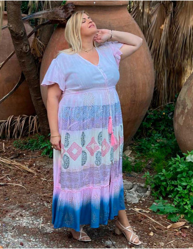 Long viscose tie and dye dress with short sleeves and v-neck