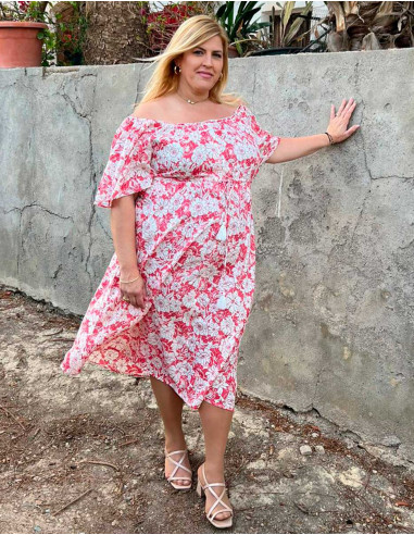 Viscose dress with short sleeves and "anemone" print