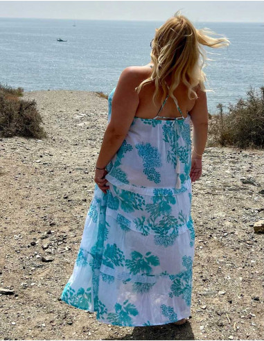 Long cotton voile coral print wrap-around dress with lining and golden leaves