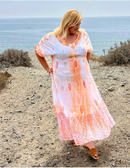 Robe longue voile de coton tie and dye doublée avec perles manches courtes