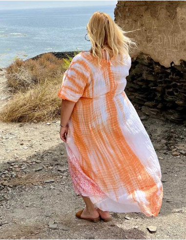 Robe longue voile de coton tie and dye doublée avec perles manches courtes