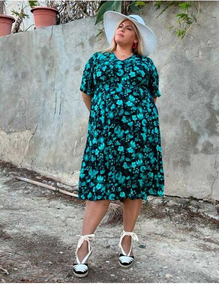 Robe mi longue viscose manches courtes imprimé indien