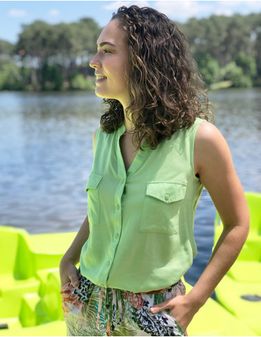 Chemisier viscose uni col mao boutonné sans manches