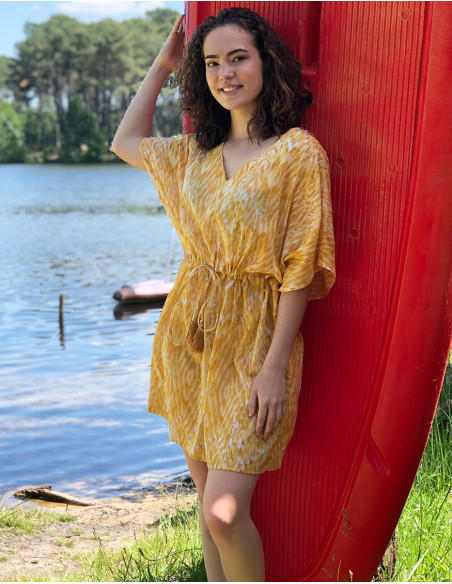 Robe voile de coton imprimé Ibiza avec feuilles dorées