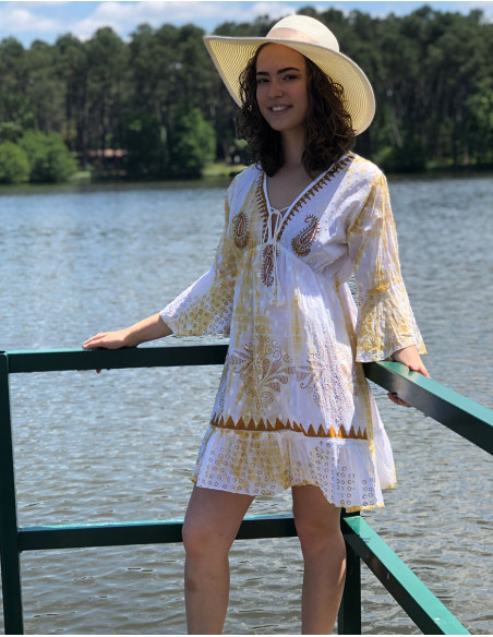 Robe coton tie and dye avec perles manches longues