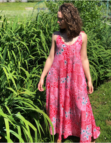 Robe longue polyester bretelles imprimé bohème argenté