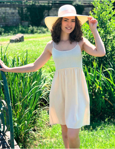 Short 54% linen 46% viscose straped dress with knitted bust
