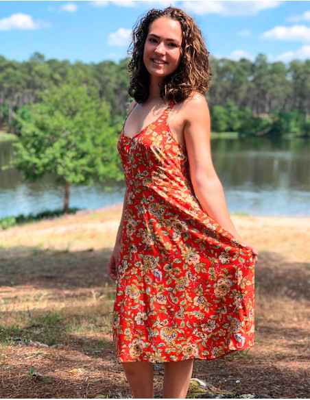 Viscose smocked dress with straps and "agra" print