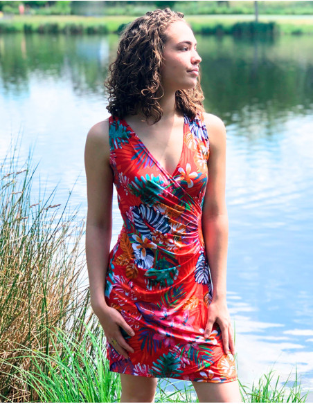 Knitted 96% polyester 4% elasthane sleeveless dress and "jungle" print