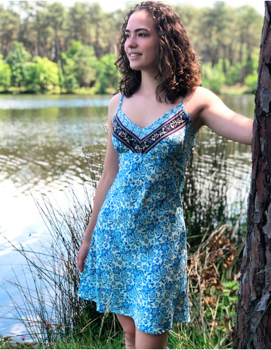 Short polyester printed "sari" dress and straps