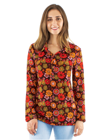Chemisier maille boutonné manches longues imprimé Flower Power