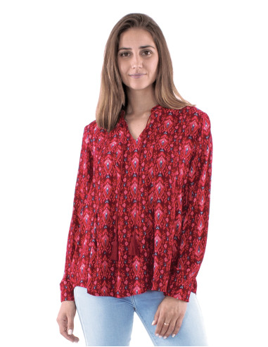 Viscose crepe fushia blouse with long sleeves and Ikat print