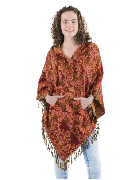 Acrylic triangle fringed Jacqart poncho with roses