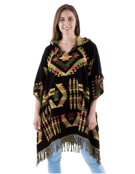 Poncho acrylique carré franges Jacquart géométrique avec capuche