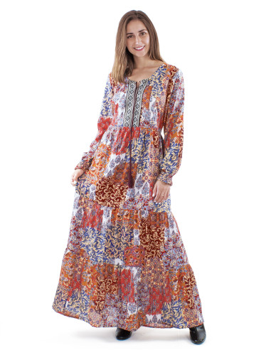 Robe longue polyester doublée col brodé manches longues imprimé Arta