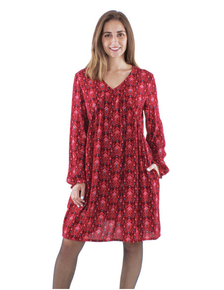 Viscose crepe fushia tunic with long sleeves and Ikat print