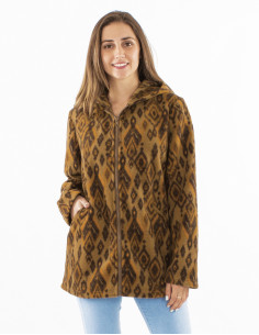 Knitted polar polyester long jacket with hood and Lovina print