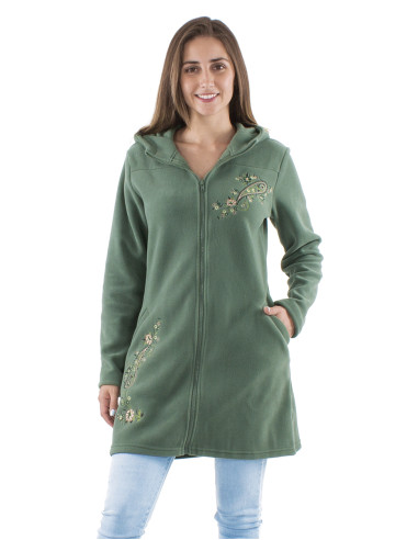 Veste longue maille polyester polaire avec capuche broderie fleurs