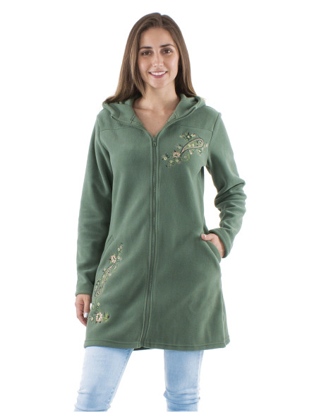 Knitted polar polyester long jacket with hood and embroidery flowers