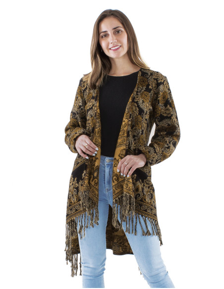 Veste acrylique croisée franges Jacquart roses