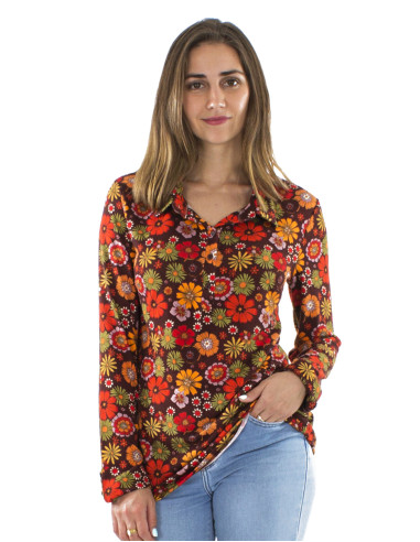 Knitted long sleeves buttoned blouse with Flower Power print
