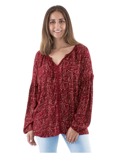 Chemisier crêpe de viscose galon crocheté manches longues imprimé Safari