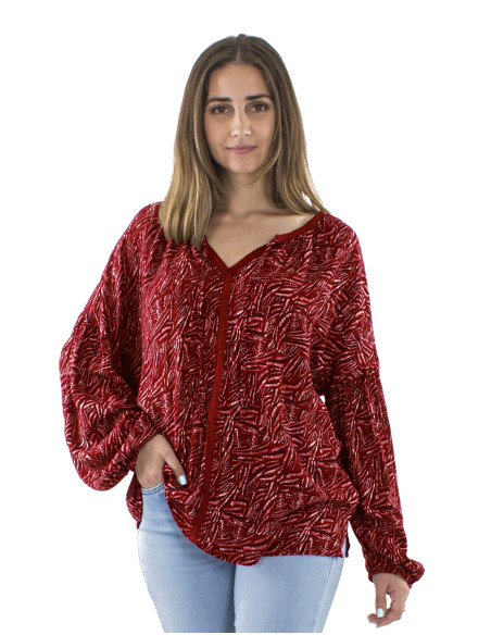 Chemisier crêpe de viscose galon crocheté manches longues imprimé Safari