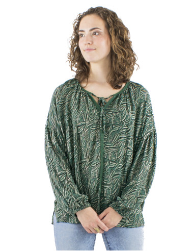 Chemisier crêpe de viscose galon crocheté manches longues imprimé Safari