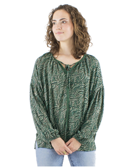 Chemisier crêpe de viscose galon crocheté manches longues imprimé Safari