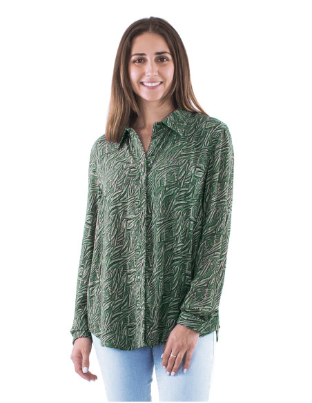 Viscose crepe buttoned blouse with long sleeves and Safari print
