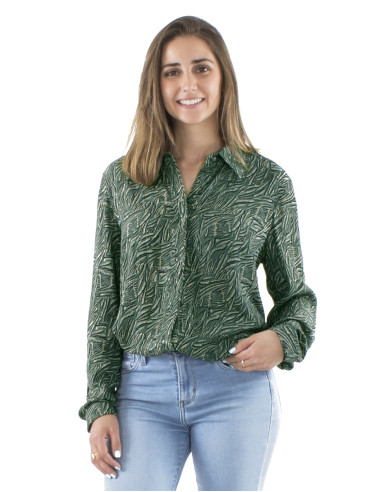 Viscose crepe buttoned blouse with long sleeves and Safari print