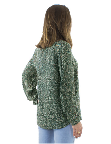 Viscose crepe buttoned blouse with long sleeves and Safari print