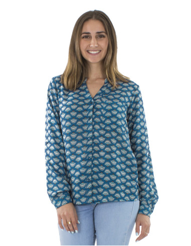 Polyester buttoned blouse with long sleeves and Oriental print