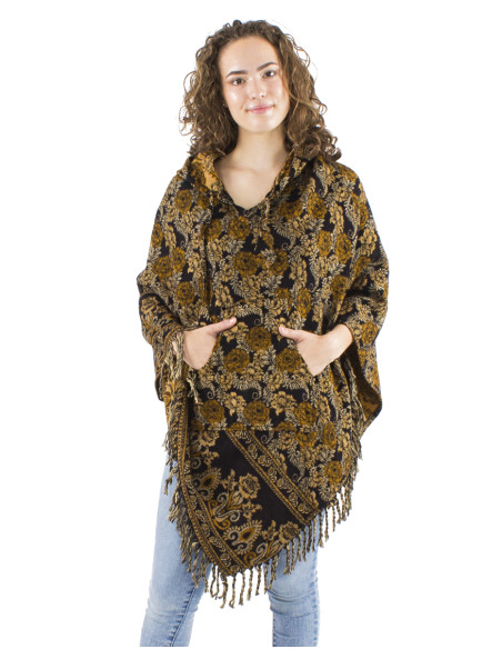 Acrylic triangle fringed Jacqart poncho with roses