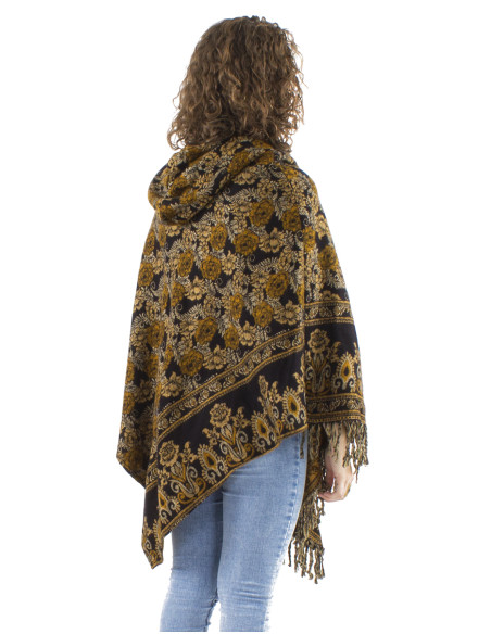 Acrylic triangle fringed Jacqart poncho with roses