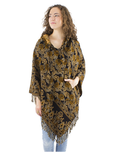 Acrylic triangle fringed Jacqart poncho with roses