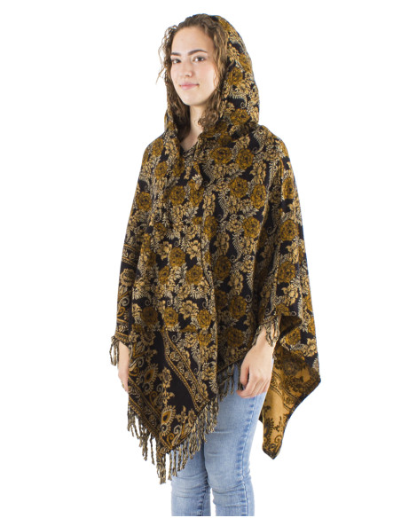 Acrylic triangle fringed Jacqart poncho with roses