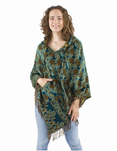 Poncho acrylique triangle franges Jacquart roses 2